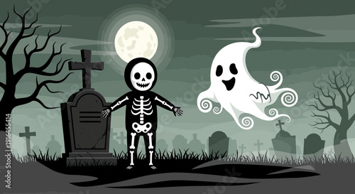 Halloween Night Skeleton and Ghost in a Spooky Graveyard.