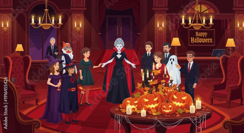 Halloween Gathering A Spooky Celebration with Costumed Guests and Pumpkins.