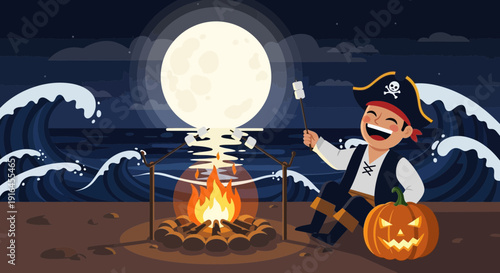 Halloween Pirate Roasting Marshmallows by a Beach Bonfire.