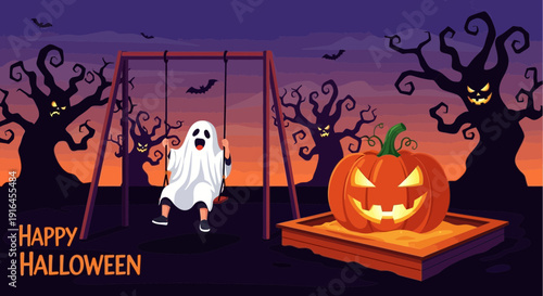 Halloween Scene with Ghost Pumpkin and Spooky Trees on Playground.