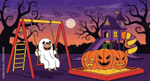 Halloween Playground Fun Ghost on Swing and Pumpkin Sandbox.