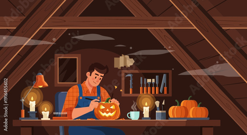 Man Carving Pumpkin in Attic for Halloween.