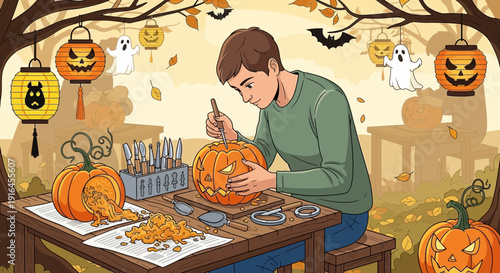 Man Carving Pumpkin for Halloween Celebration Outdoors.