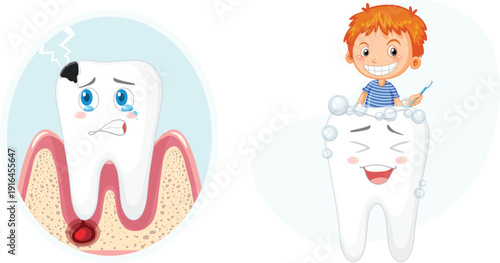 Two distinct dental health illustrations showing a sad crying tooth with pain and a happy healthy tooth with a boy brushing it