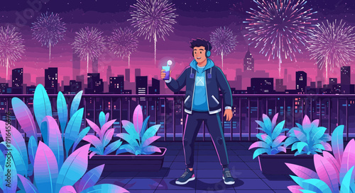 Man enjoying fireworks display with headphones and smartphone.