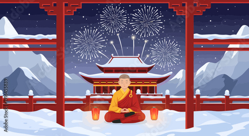 Meditating Monk in Snowy Temple Setting with Fireworks.
