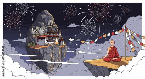 Meditating Monk on Floating Platform with Distant Mountain Temple.