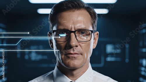 Caucasian man with glasses undergoes facial recognition technology analysis in a dark server room with glowing digital interfaces and data streams. scanning security, face recognition