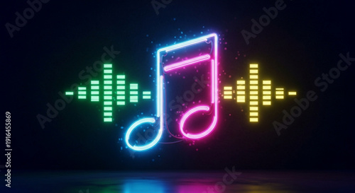 Vibrant neon music notes and sound waves on dark background with colorful reflections