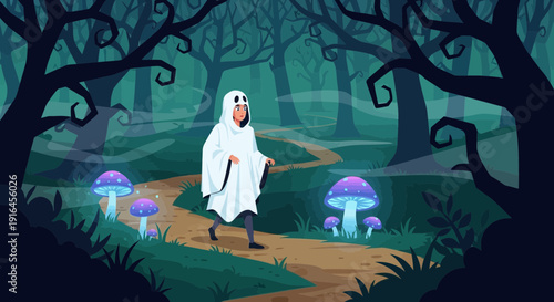 Person in Ghost Costume Walking on Path in Dark Forest.