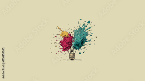 A lightbulb bursts with colorful paint splatters against a beige background, creative concept
