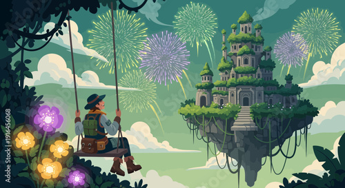 Person on Swing Gazing at Floating Castle in Fantasy Landscape.
