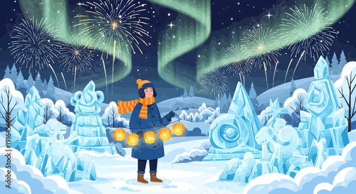 Person with Lights in Winter Wonderland with Aurora Borealis.