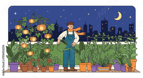 Rooftop Gardener Watering Plants Under Moonlight.