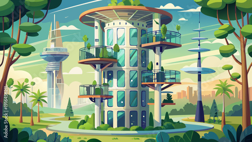 Very beautiful transparent vertical forest tower integrating residential pods within living vegetation layers, powered by wind turbines and solar glass, representing regenerative architecture in 2031.