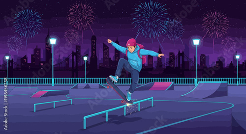 Skateboarder performing a trick on a rail at night.