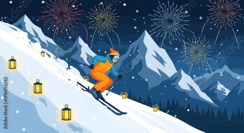 Skier on a snowy mountain slope with lanterns and fireworks.