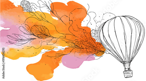 Watercolor and line art depicting a hot air balloon with colorful blooms and delicate botanical elements