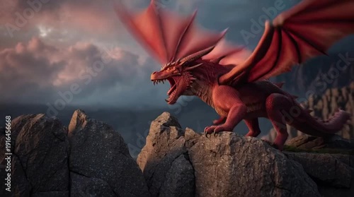 Majestic Red Dragon Breathing Fire on Cliff at Sunset