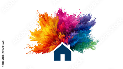A house silhouette at the bottom, with a colorful, burst-like explosion behind it against white