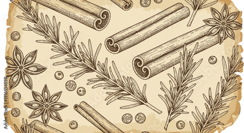 Cinnamon sticks and herbs on vintage paper background with star anise and peppercorns rustic spice pattern