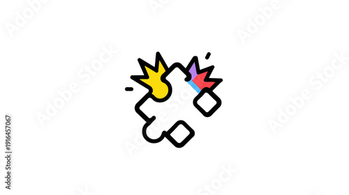 A stylized puzzle piece with colorful bursts, set against a pristine white background