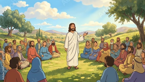 Jesus Christ in white robe speaks to a diverse group of people seated on grass in a serene landscape with trees and mountains under a bright sky