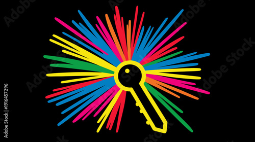 A vibrant key design with colorful streaks radiating outwards on a black background