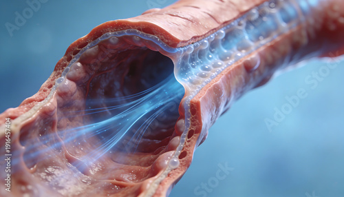 3D Medical Illustration of Bronchial Tube Cross Section Closeup Showing Airway Passage Mucus Lining and Respiratory Tract Internal Structure Detail