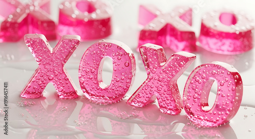 Pink glossy XOXO letters with water droplets, romantic hugs kisses Valentine’s Day affectionate background design, 32K Revolution 
