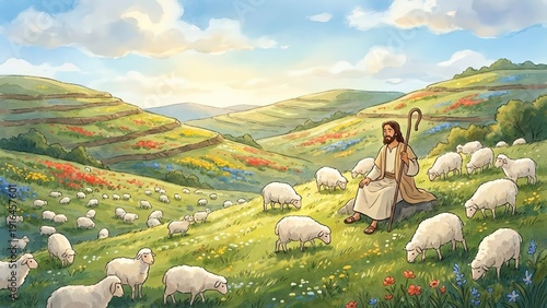 Jesus Christ depicted as a shepherd in a vibrant green valley, surrounded by grazing sheep, with rolling hills and colorful flowers under a bright sky