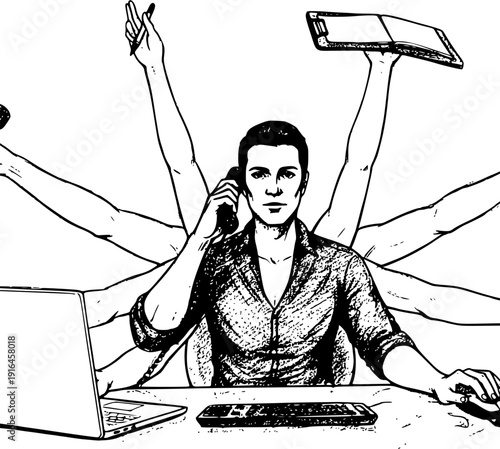 sketch multitasking man in the office silhouette isolated