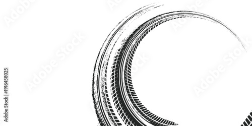 Tire track. Car, bike, motorcycle tyre mark with grunge effect isolated on white background. Wheel footprint on the road. Top view of rubber protector mark