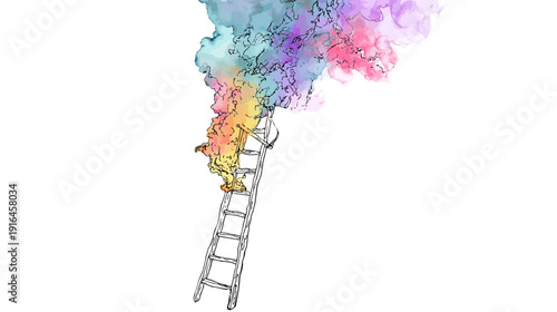 Illustration of a ladder reaching up into colorful, abstract watercolor-like smoke on a white background