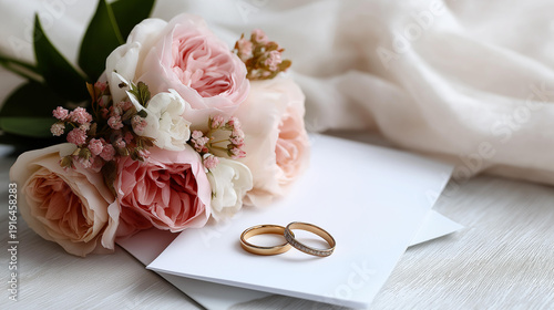 Wallpaper Mural Romantic wedding invitation flat lay with flowers rings, matrimonial stationery styling, bridal celebration paper goods, ceremonial communication design, with copy space Torontodigital.ca