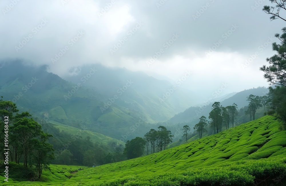 Obraz premium Expansive green tea plantation covers rolling hills under a misty, cloudy sky. Rich mountain landscape with trees and valleys offers a serene, natural vista for travel and eco themes.