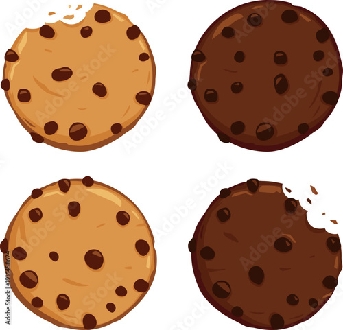 Homemade Chocolate chip cookies. Crunchy bitten pastry shop sweet candy biscuits with drops, tasty bakery snacks, in dark brown chocolate and vanilla flavor. Vector illustration