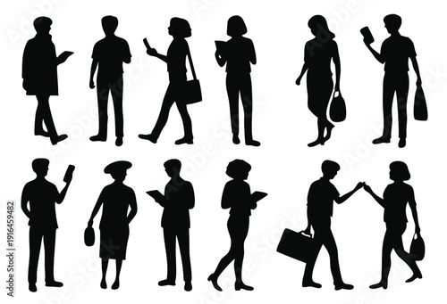 axonometric people silhouettes set isolated flat
