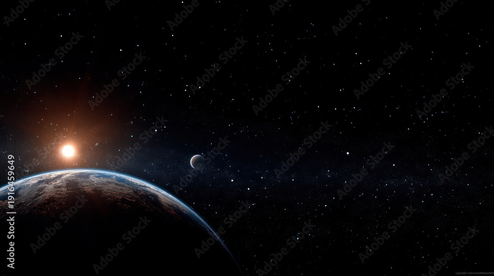 Fototapeta premium Planetscape with sun and satellite, stars dotting dark space