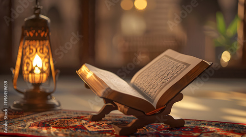 An open book on a wooden stand with a glowing lantern in a room with a soft light. The text on the page appears to be written in a unique style, symbolizing faith and knowledge