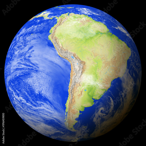 View of the earth globe from space showing Chile in the center of the image.