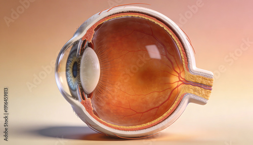 3D medical illustration of human eyeball cross section showing internal anatomy structure with retina lens cornea optic nerve and blood vessels detailed visualization