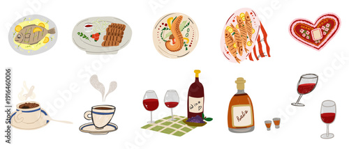 Mediterranean cuisine and beverages illustrated food collection