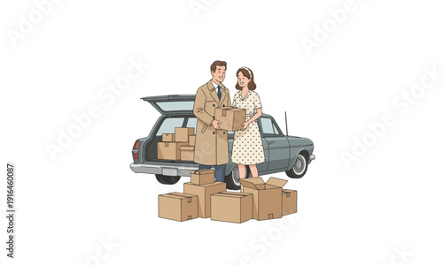 Retro Couple Moving Boxes into Vintage Car, Relocation Illustration