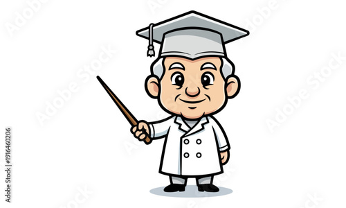 Academic Professor Character Mascot in White Coat holding Pointer