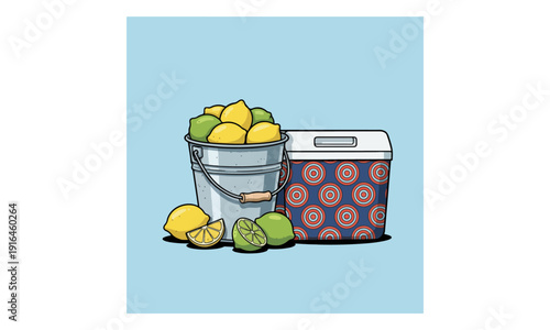 Lemons and Limes in Galvanized Bucket and Patterned Cooler Illustration