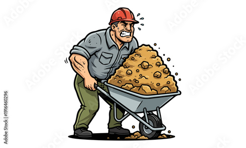 Cartoon Laborer Straining to Push Overloaded Wheelbarrow of Dirt