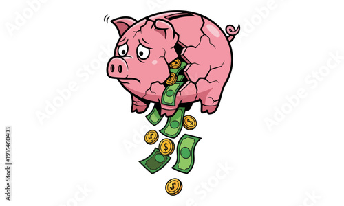 Cracked Piggy Bank with Sad Face Losing Money, Financial Crisis Vector