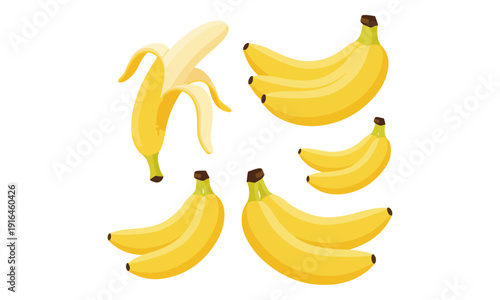 Banana Illustration Set with Peeled and Whole Fruit Isolated on White