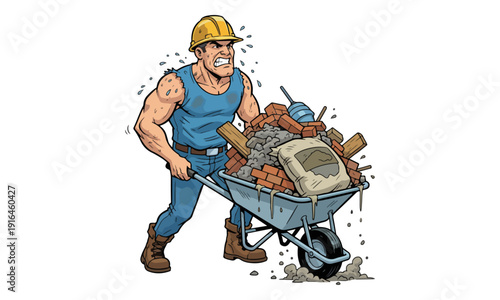 Hard Working Laborer Pushing Overloaded Wheelbarrow Illustration